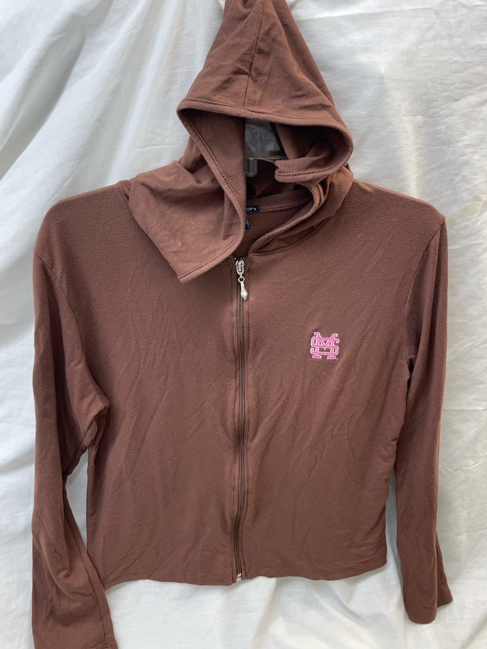 Stretch Brown Zip-Up Hoodie with Pink MSU Logo ladies sz xl